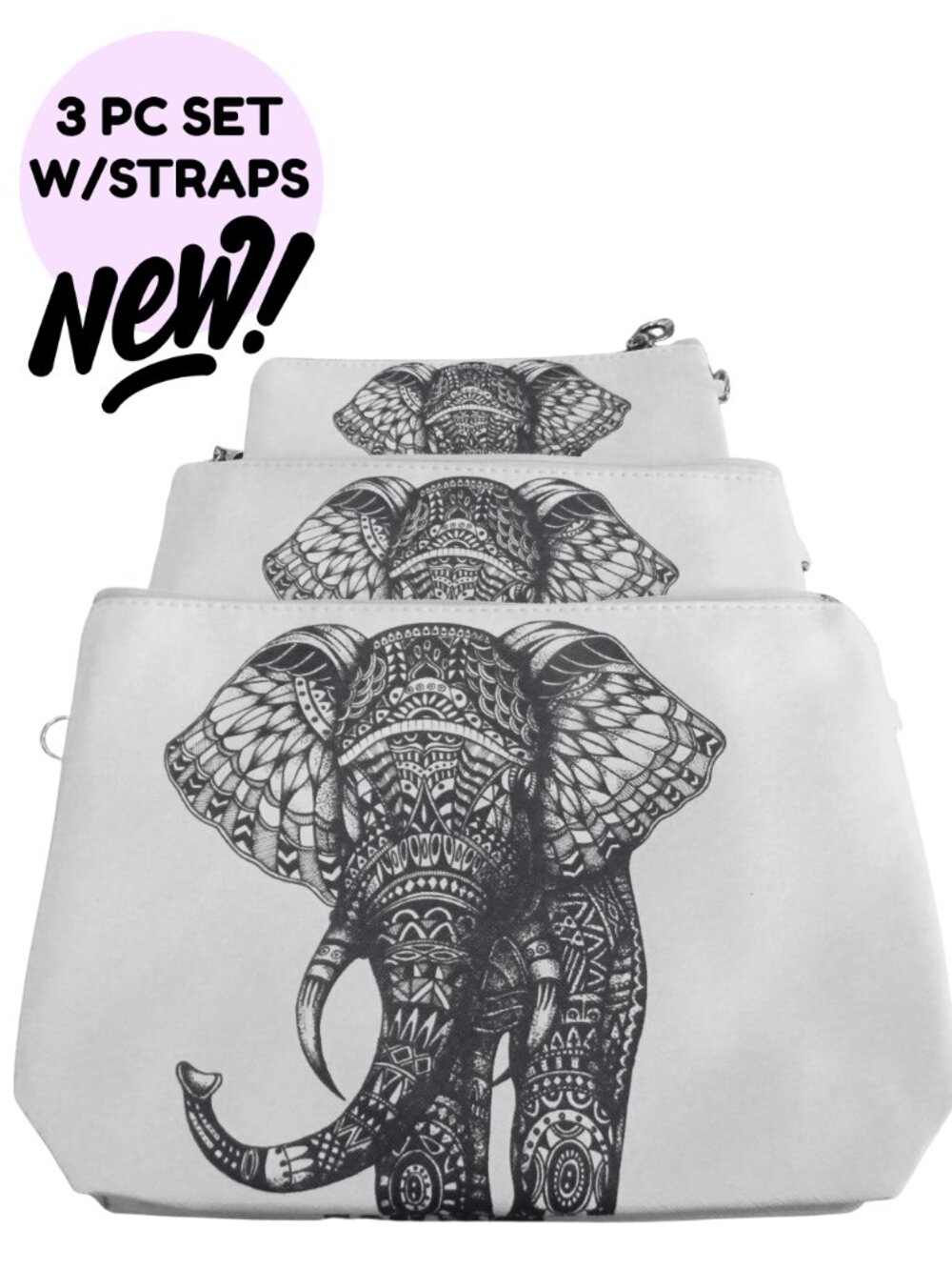 3 Piece Travel Kit Cosmetic Bag Toiletry Bag Womens Purse Clutch Pouch ELEPHANT